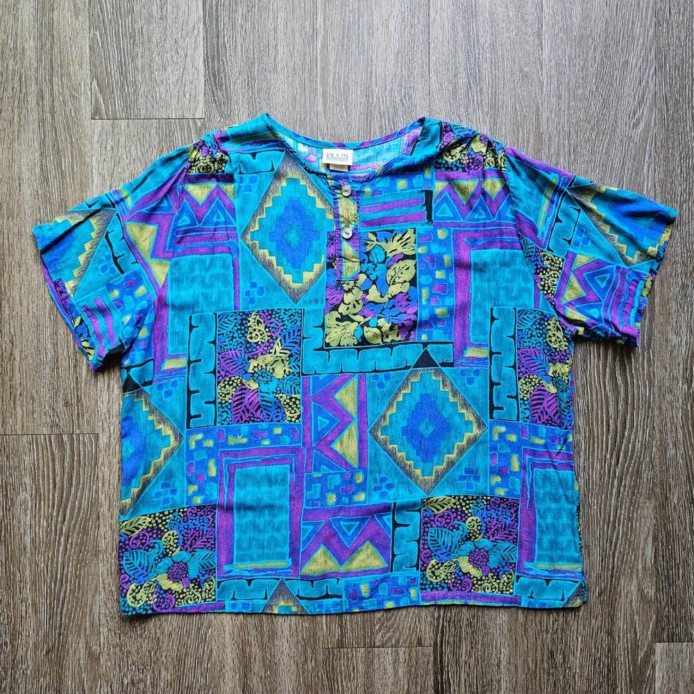 Vintage 90s Plus Preferred Abstract Geometric Print Top Blouse Shirt